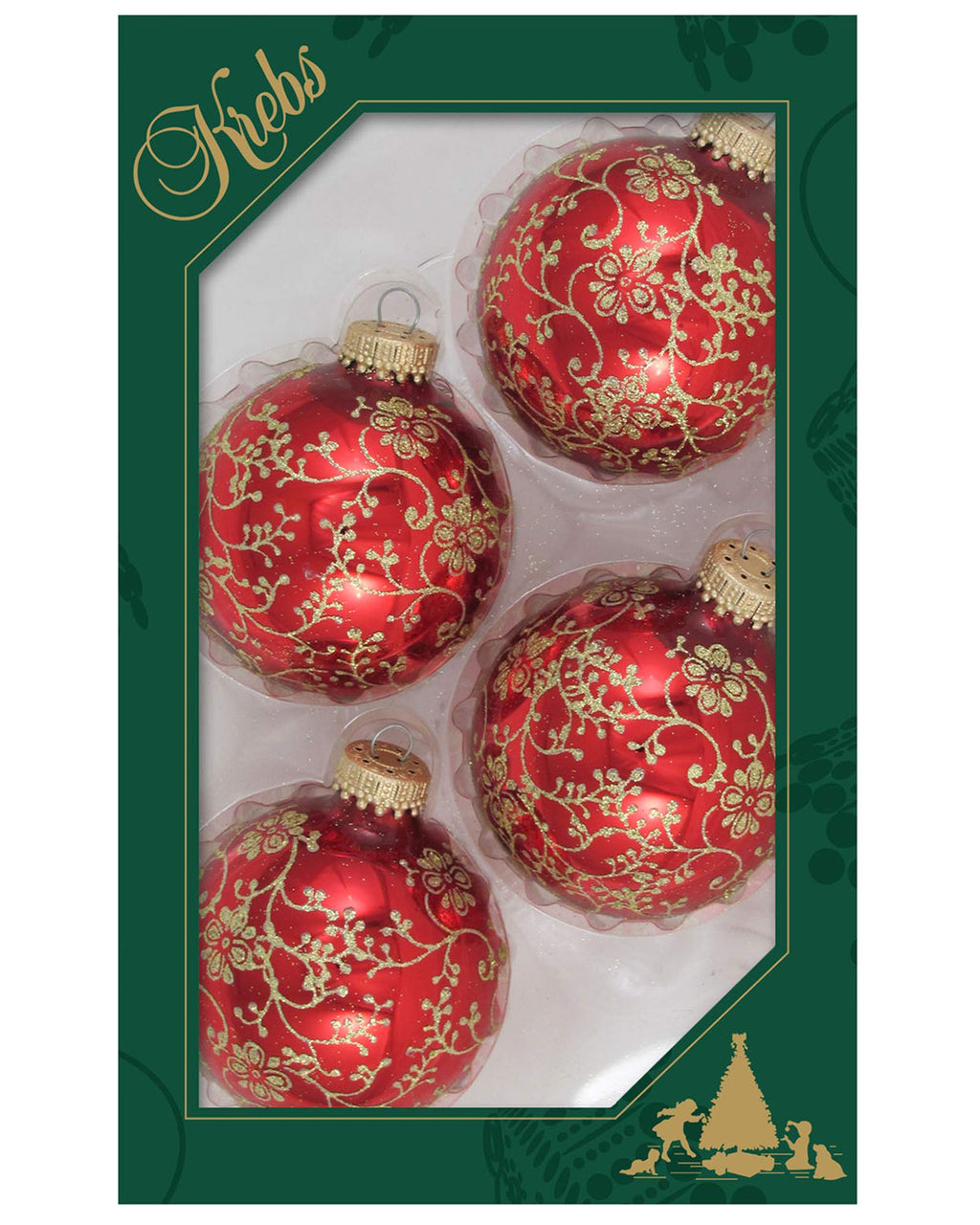 Glass Christmas Tree Ornaments - 67mm/2.63" [4 Pieces] Decorated Balls from Christmas by Krebs Seamless Hanging Holiday Decor (Christmas Red with Gold Floral Glitterlace)