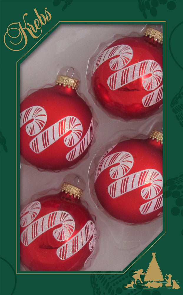 Glass Christmas Tree Ornaments - 67mm/2.625" [4 Pieces] Decorated Balls from Christmas by Krebs Seamless Hanging Holiday Decor (Candy Apple Red w/ White Glitter Candy Canes)