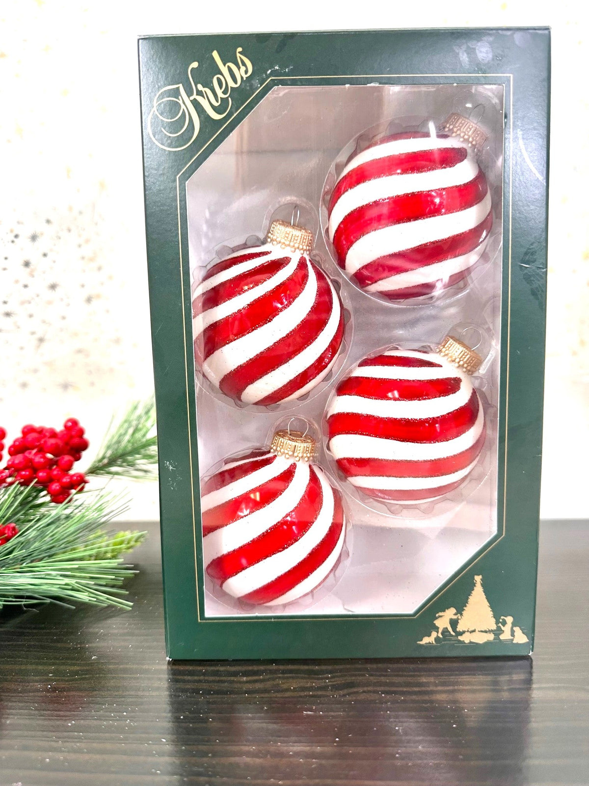 Glass Christmas Tree Ornaments - 67mm/2.63" [4 Pieces] Decorated Balls from Christmas by Krebs Seamless Hanging Holiday Decor (Porcelain White with Red Swirls)