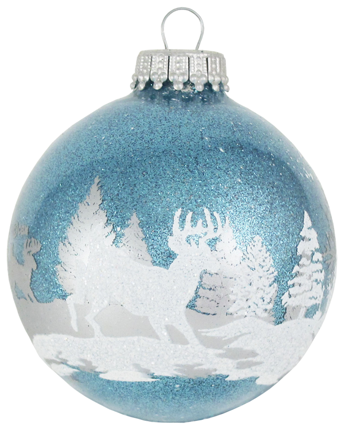 Glass Christmas Tree Ornaments - 67mm/2.625" [4 Pieces] Decorated Balls from Christmas by Krebs Seamless Hanging Holiday Decor (Light Blue Sparkle with Winter Deer Scene)