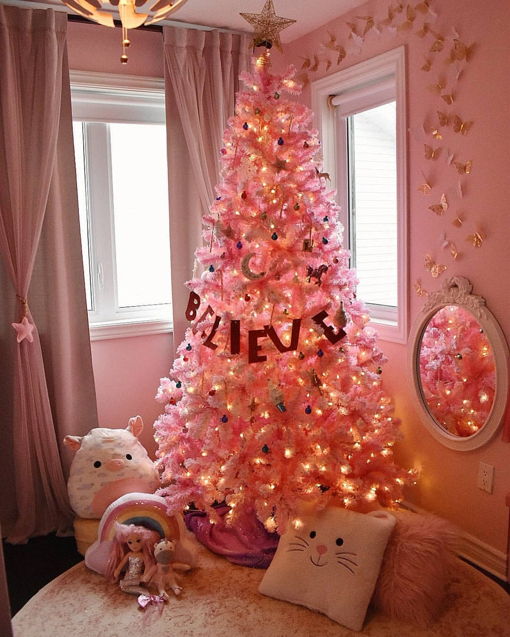 6.5' Duchess Pink Flock Artificial Christmas Tree with 500 Warm White LED Lights