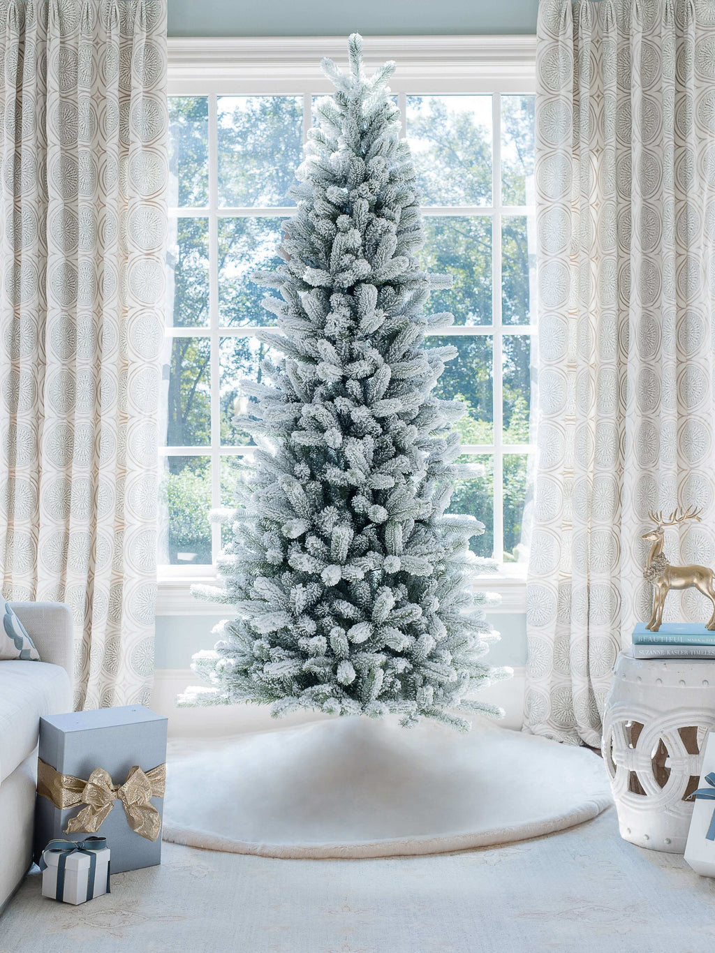 7.5' King Flock® Slim Artificial Christmas Tree with 650 Warm White LED Lights
