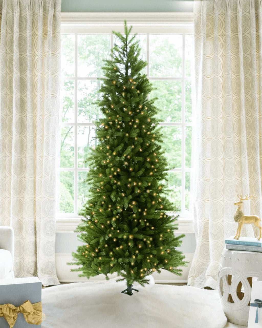 10' King Fraser Fir Slim Artificial Christmas Tree with 1100 Warm White LED Lights