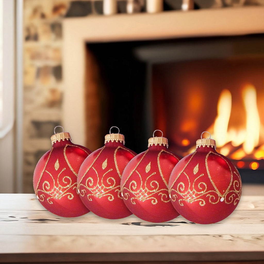 Glass Christmas Tree Ornaments - 67mm/2.625" [4 Pieces] Decorated Balls from Christmas by Krebs Seamless Hanging Holiday Decor (Red Velvet with Marquise Shapes and Scrolls)