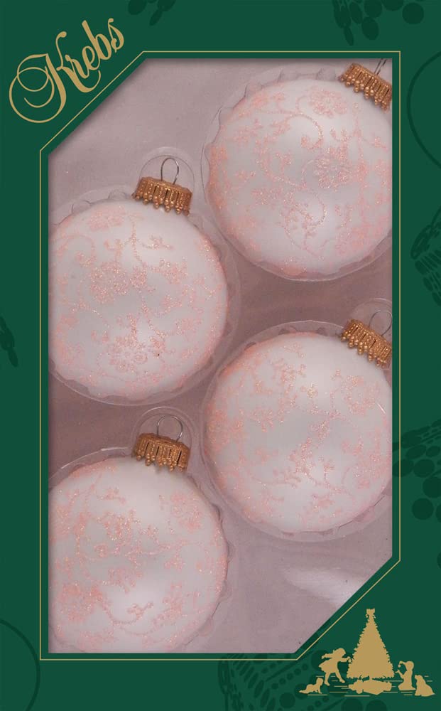 Glass Christmas Tree Ornaments - 67mm/2.63" [4 Pieces] Decorated Balls from Christmas by Krebs Seamless Hanging Holiday Decor (Classic White Velvet with Coral Glitterlace)