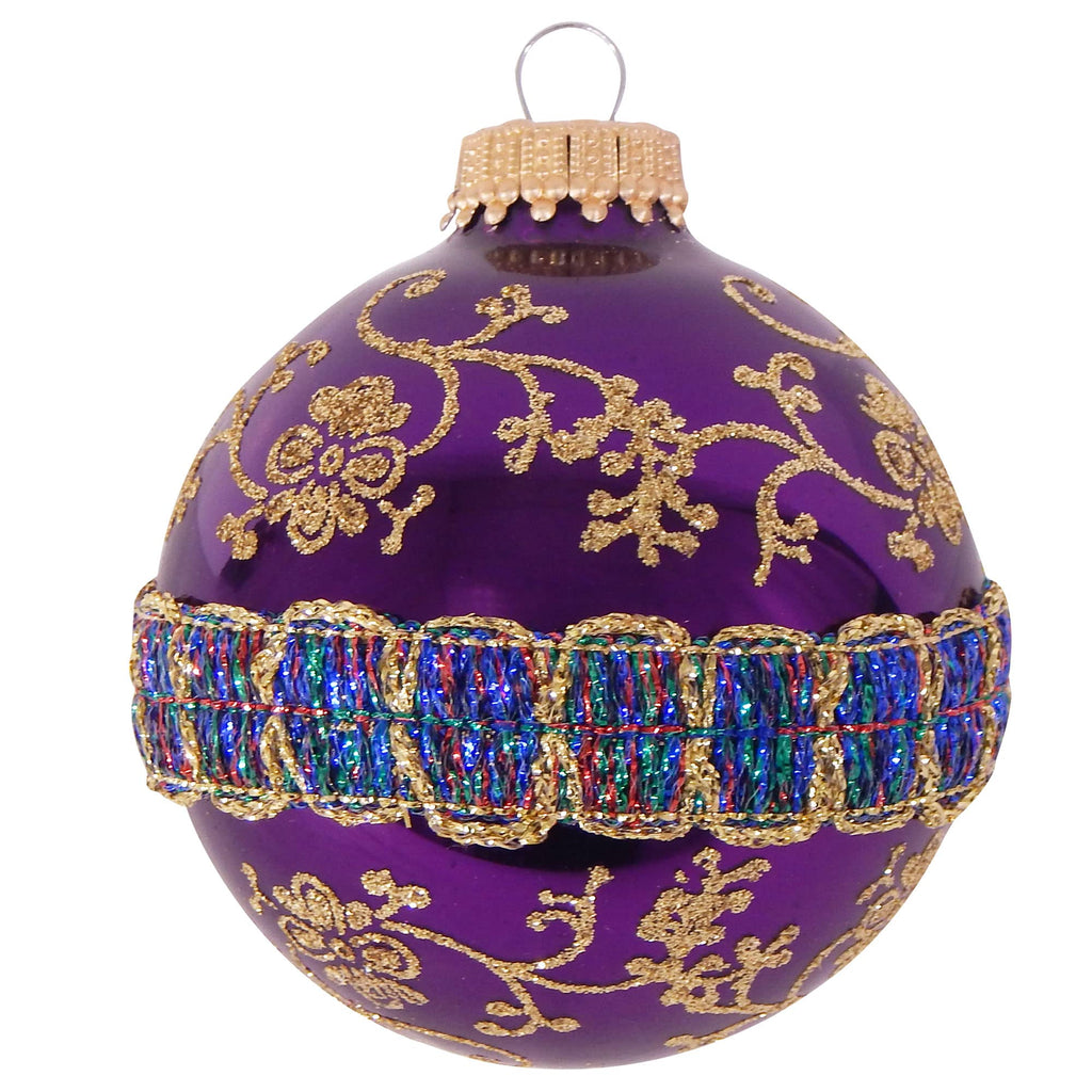 Glass Christmas Tree Ornaments - 67mm/2.63" [4 Pieces] Decorated Balls from Christmas by Krebs Seamless Hanging Holiday Decor (Shiny and Velvet Purple with Glitter & Braid)