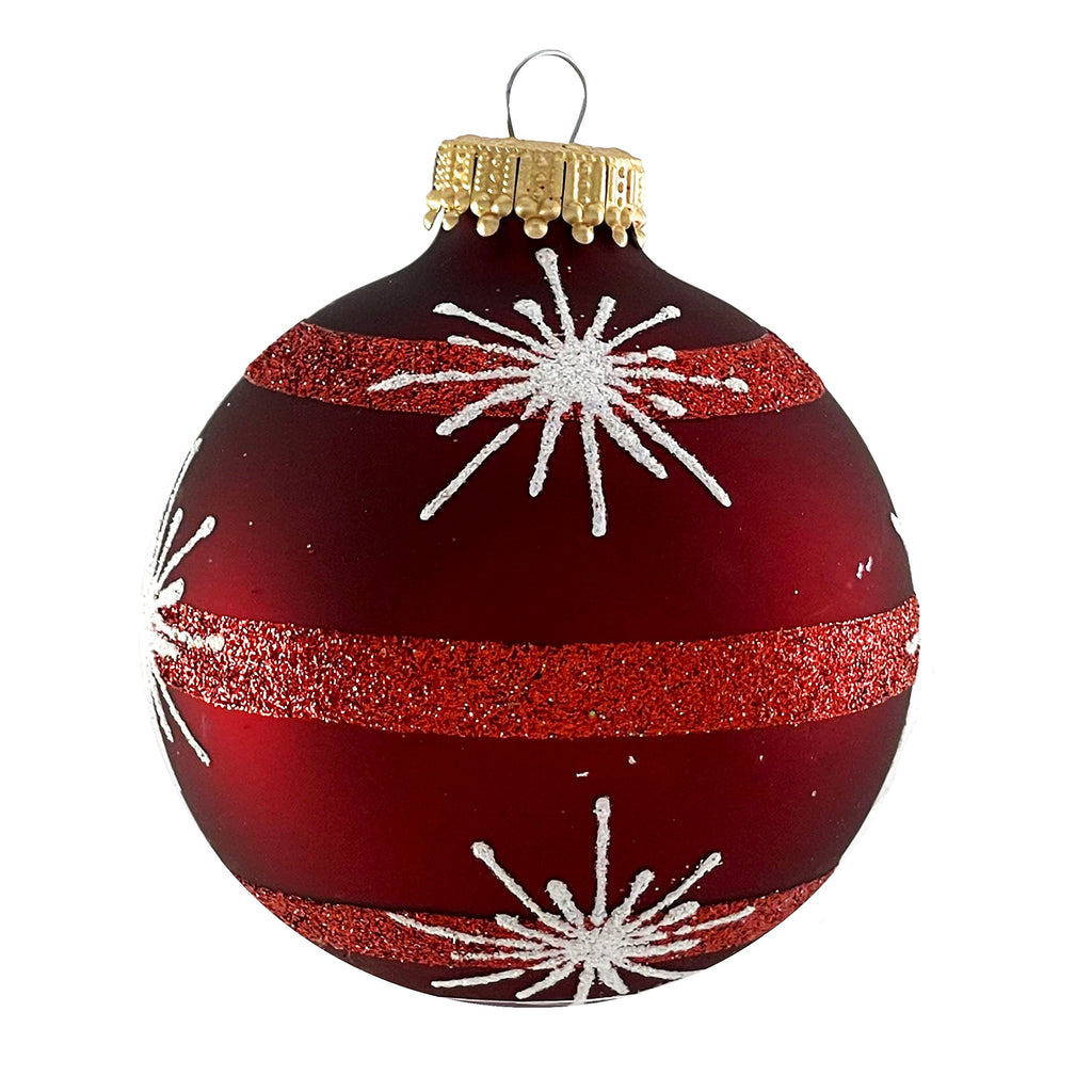 Glass Christmas Tree Ornaments - 67mm/2.63" [4 Pieces] Decorated Balls from Christmas by Krebs Seamless Hanging Holiday Decor (Red Velvet with Starbursts and Stripes)