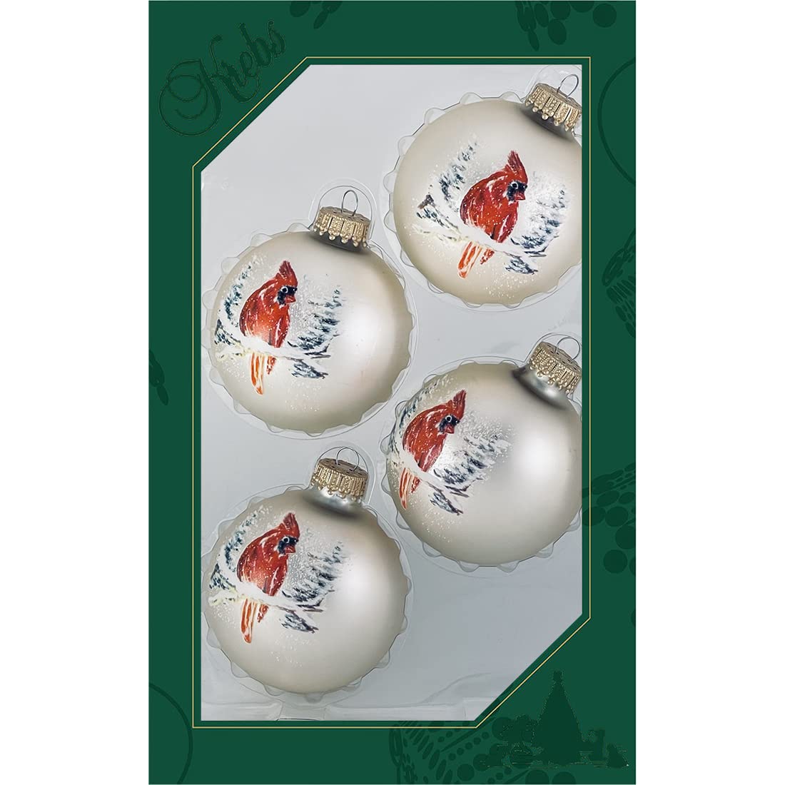 Glass Christmas Tree Ornaments - 67mm/2.625" [4 Pieces] Decorated Balls from Christmas by Krebs Seamless Hanging Holiday Decor (Velvet Oyster with Cardinal)