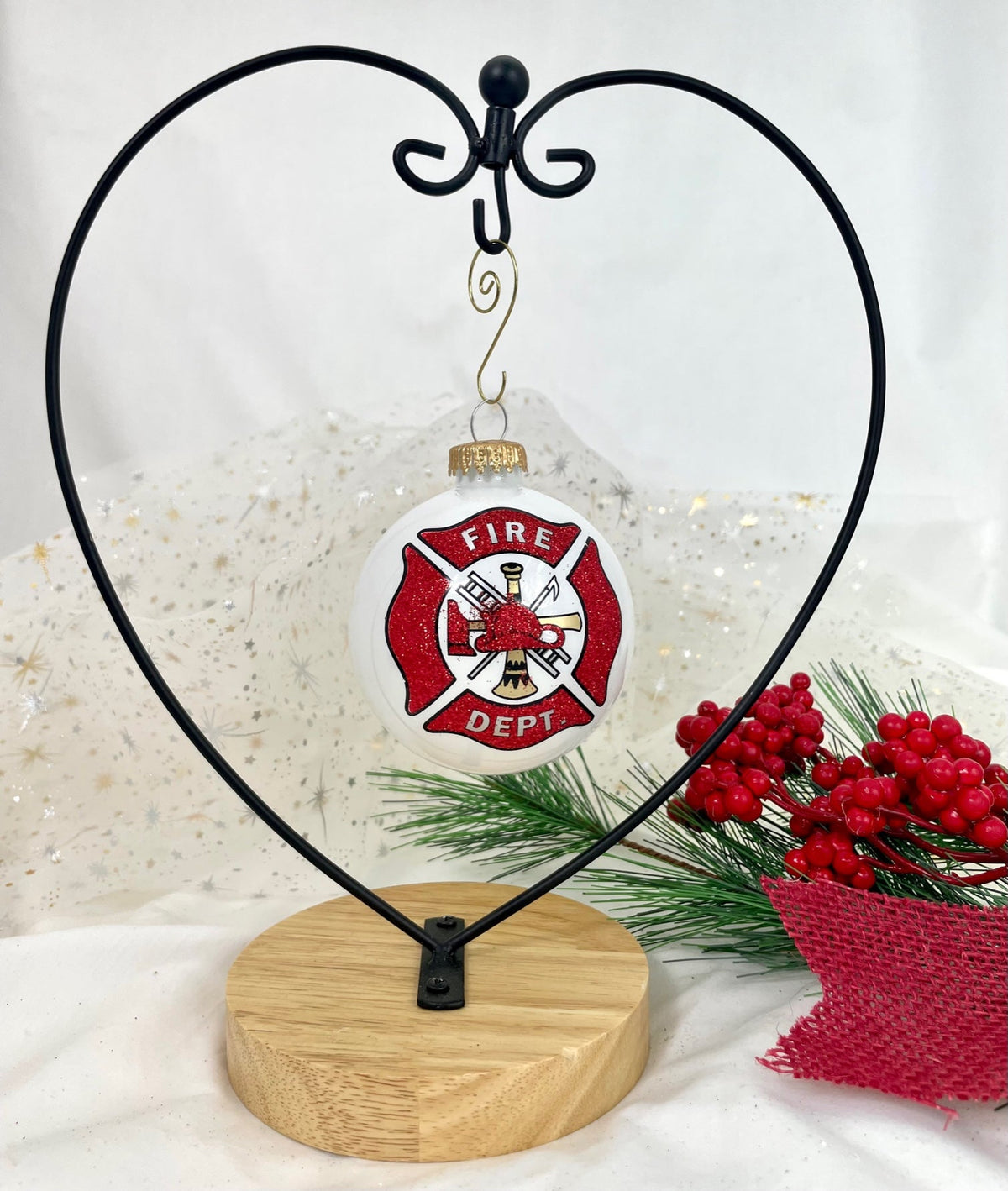 Christmas Tree Ornaments - 80mm / 3.25" Decorated Collectible Glass Balls from Christmas by Krebs - Handmade Hanging Holiday Decorations for Trees (Fire Department Logo)