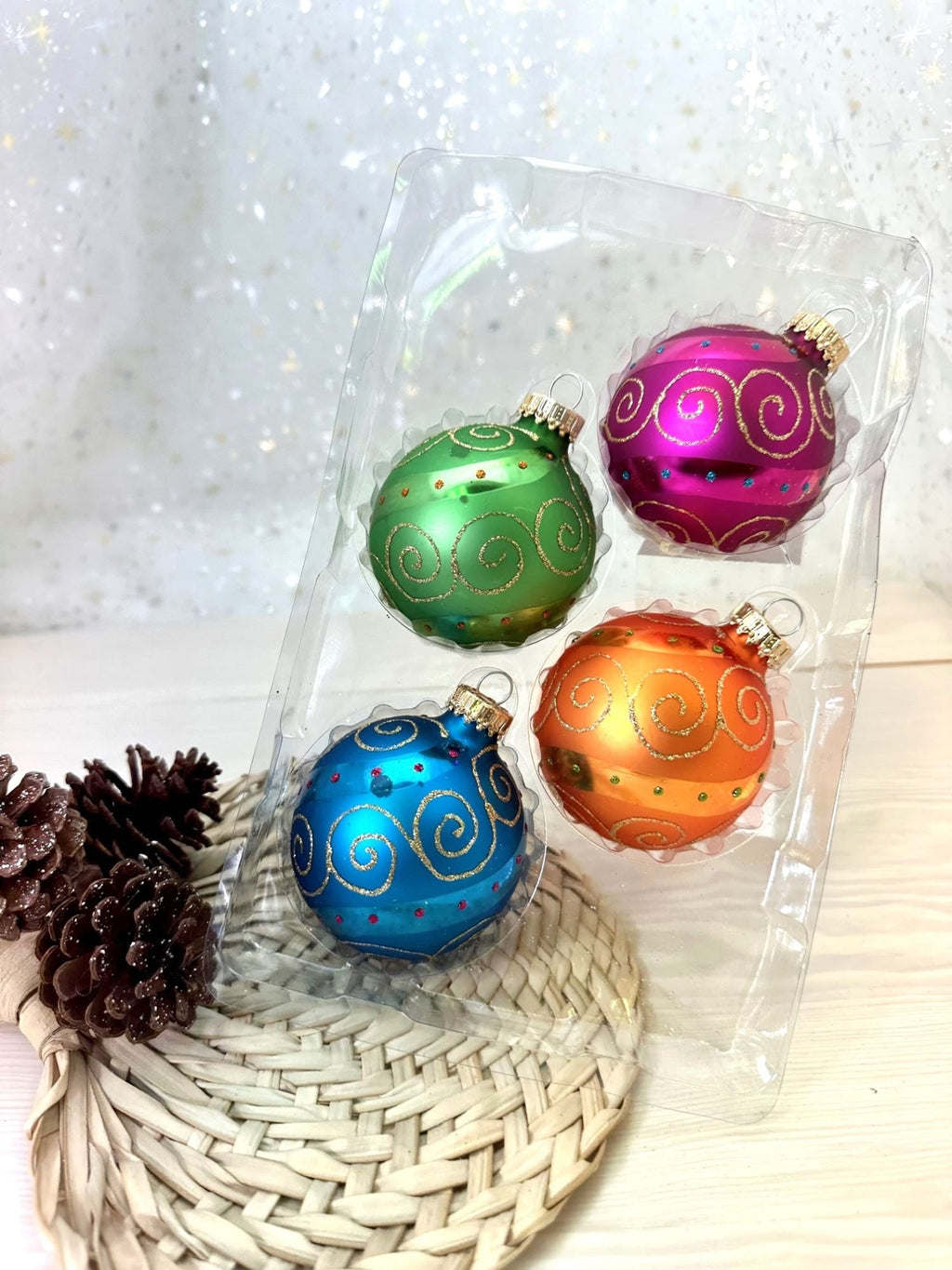 Glass Christmas Tree Ornaments - 67mm/2.625" [4 Pieces] Decorated Balls from Christmas by Krebs Seamless Hanging Holiday Decor (Green, Purple, Orange & Blue with Swirls & Scrolls)