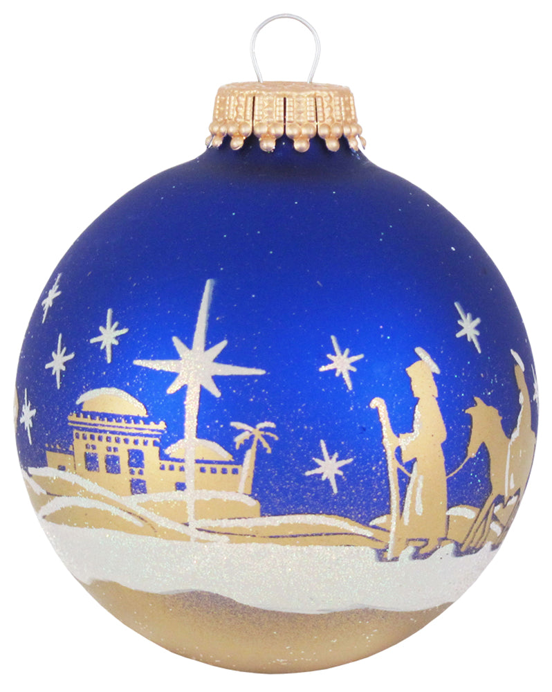 Glass Christmas Tree Ornaments - 67mm/2.63" [4 Pieces] Decorated Balls from Christmas by Krebs Seamless Hanging Holiday Decor (Blue Velvet with Bethlehem Scene)