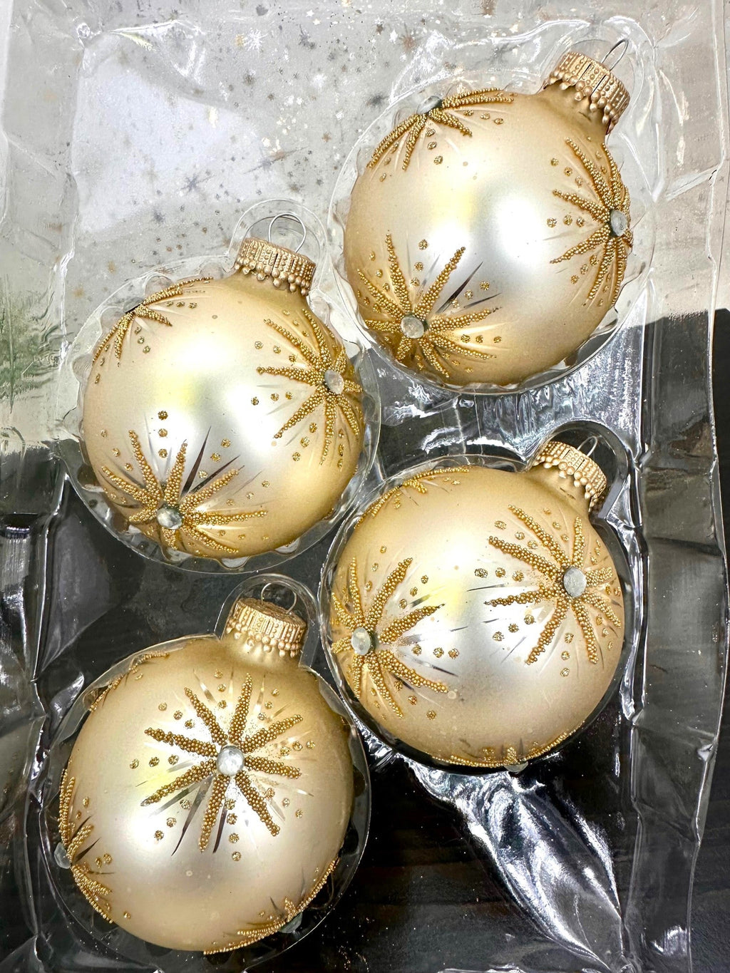 Glass Christmas Tree Ornaments - 67mm/2.625" [4 Pieces] Decorated Balls from Christmas by Krebs Seamless Hanging Holiday Decor (Oyster Velvet with Elegant Starbursts)