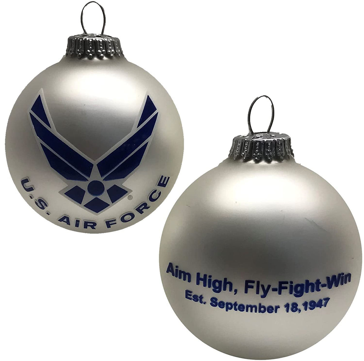 Christmas Tree Ornaments Made in the USA - 80mm / 3.25" Decorated Collectible Glass Balls from Christmas by Krebs - Handmade Hanging Holiday Decoration for Trees (USAF with Est Date, Logo)
