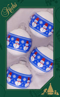 Glass Christmas Tree Ornaments - 67mm/2.63" [4 Pieces] Decorated Balls from Christmas by Krebs Seamless Hanging Holiday Decor (Porcelain White with Stiched Snowman Band)