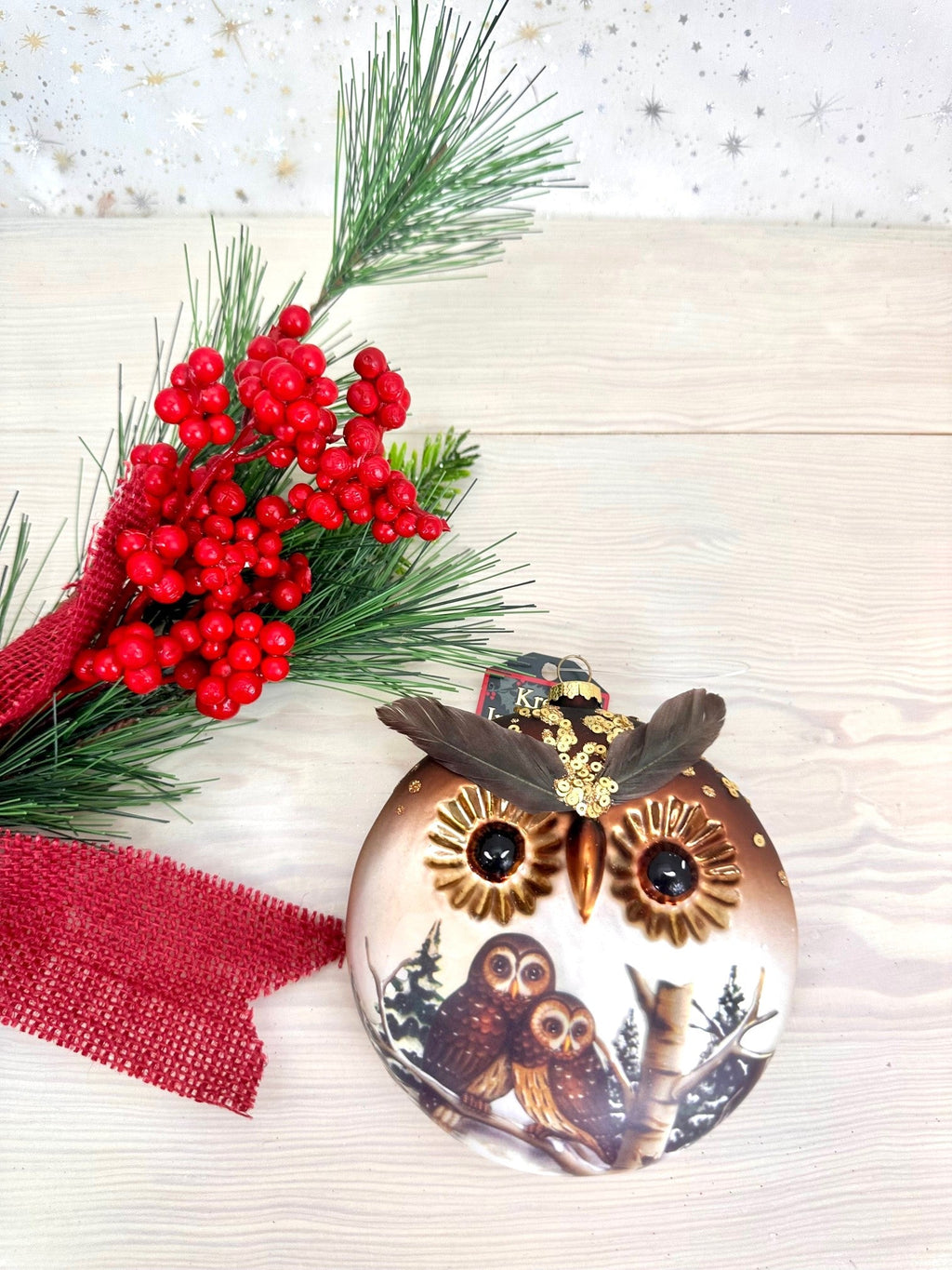 Christmas By Krebs Blown Glass  Collectible Tree Ornaments  (4.75" Owl Disc)