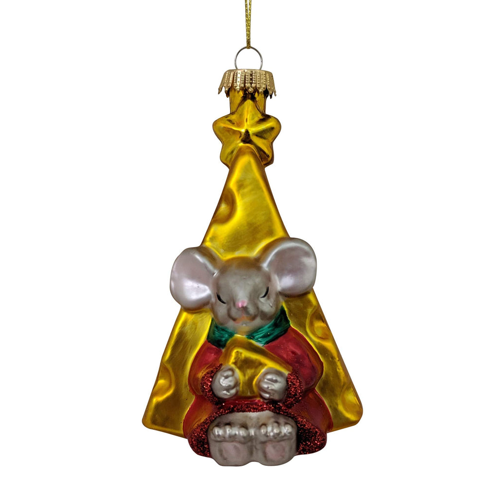 Christmas By Krebs Blown Glass  Collectible Tree Ornaments  (4" Mouse with Cheese Slice)