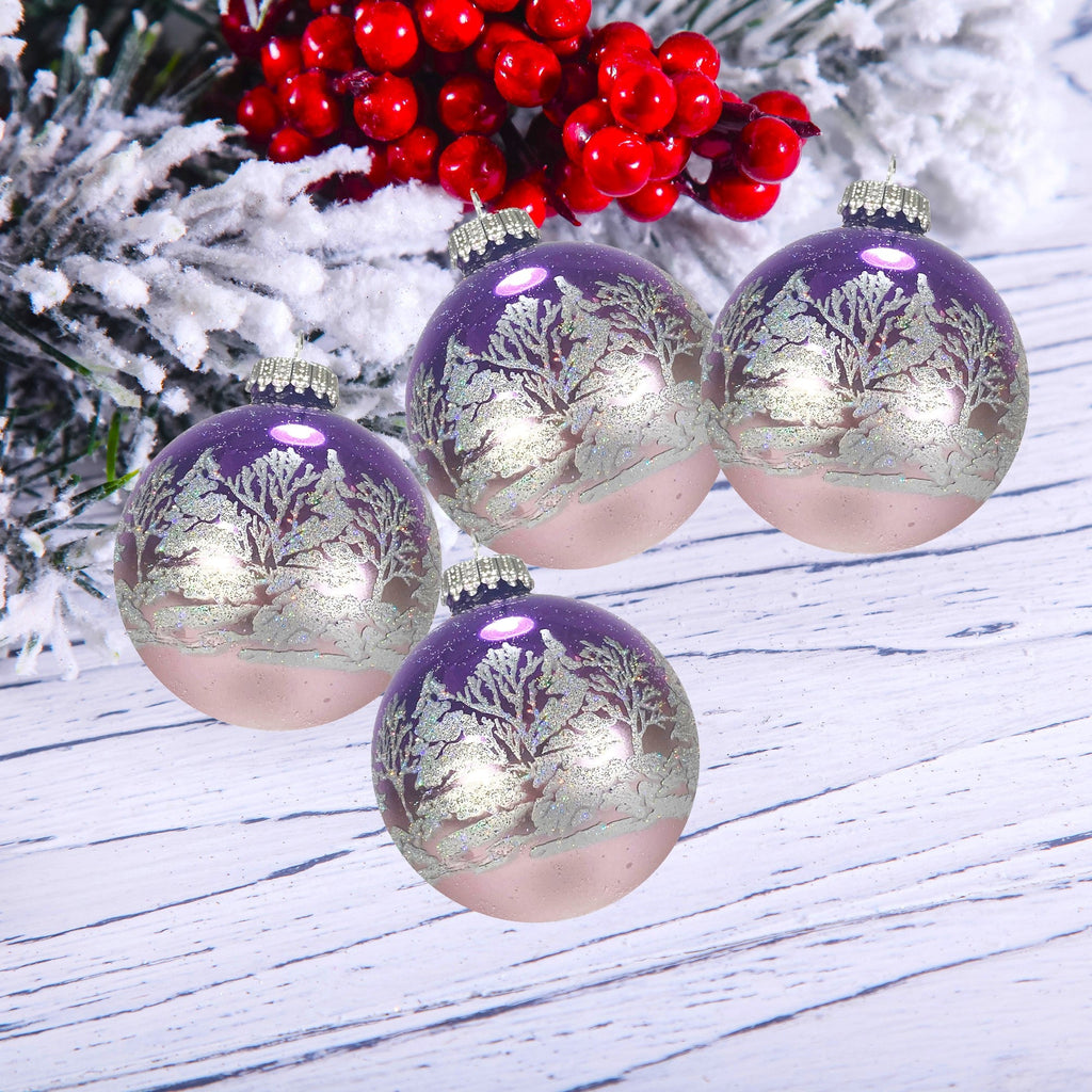Glass Christmas Tree Ornaments - 67mm/2.625" [4 Pieces] Decorated Balls from Christmas by Krebs Seamless Hanging Holiday Decor (Shiny Purple and Gray Velvet with White Trees)