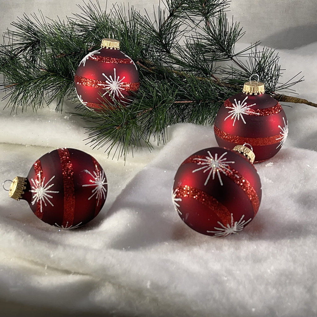 Glass Christmas Tree Ornaments - 67mm/2.63" [4 Pieces] Decorated Balls from Christmas by Krebs Seamless Hanging Holiday Decor (Red Velvet with Starbursts and Stripes)