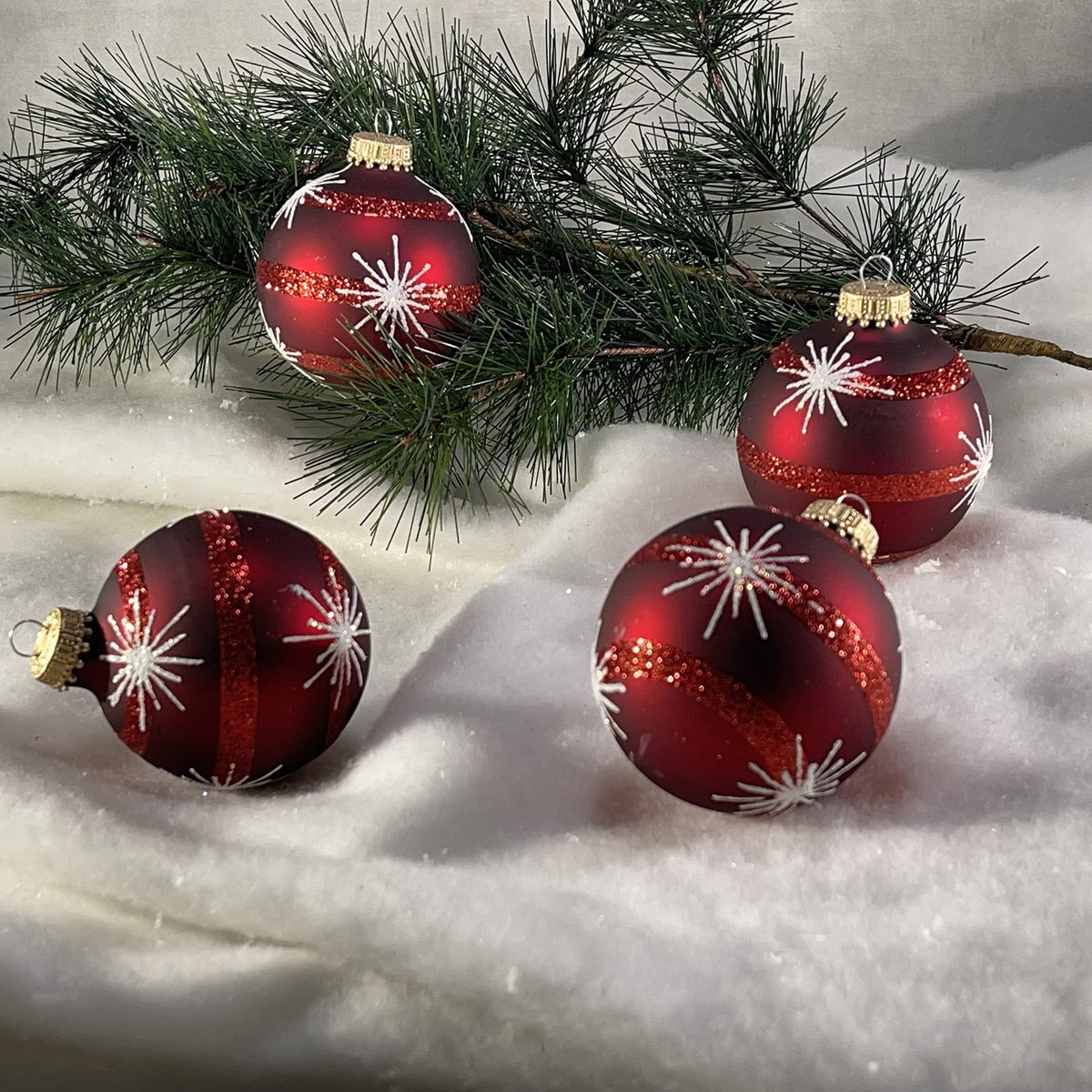 Glass Christmas Tree Ornaments - 67mm/2.63" [4 Pieces] Decorated Balls from Christmas by Krebs Seamless Hanging Holiday Decor (Red Velvet with Starbursts and Stripes)