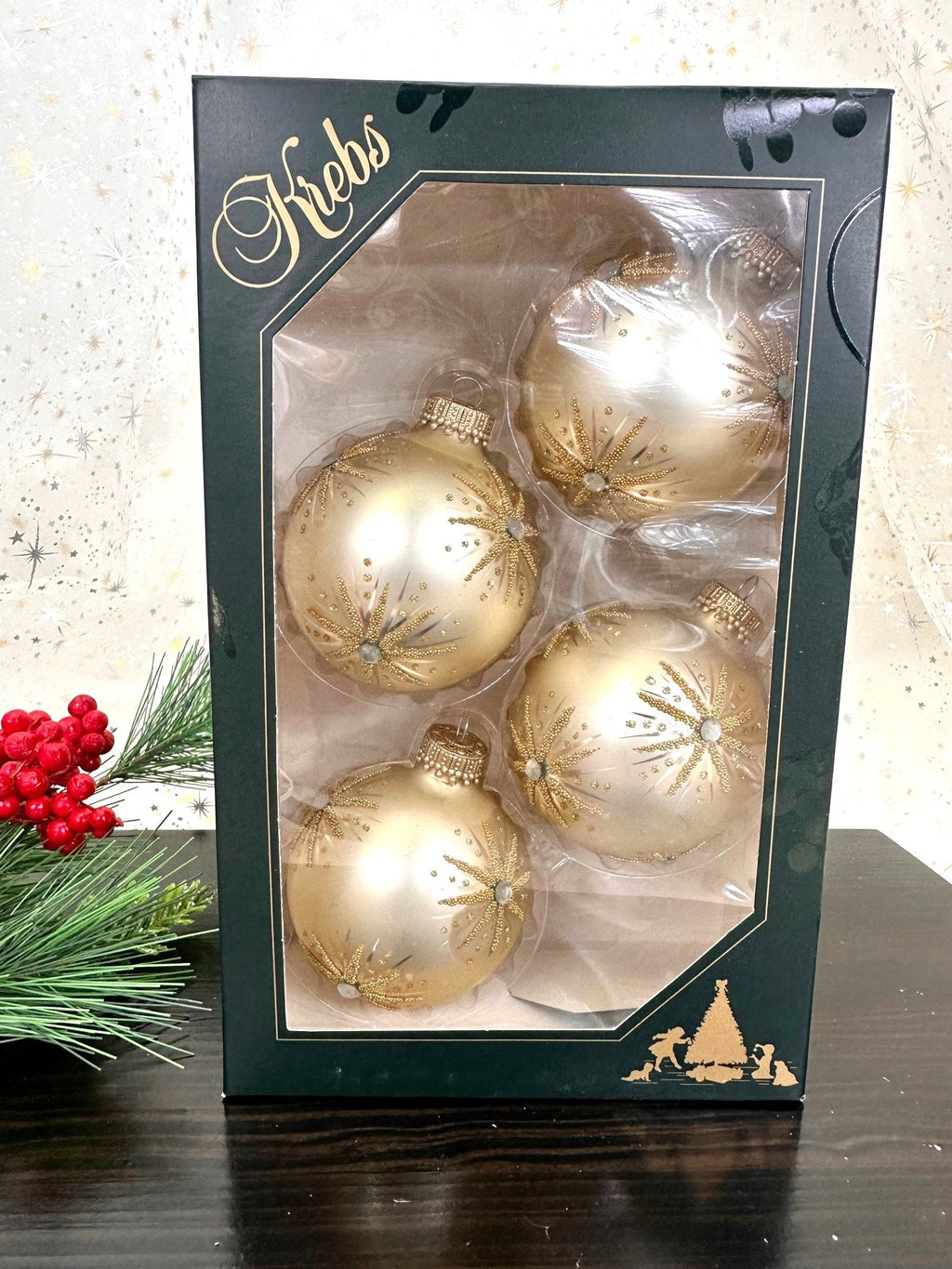 Glass Christmas Tree Ornaments - 67mm/2.625" [4 Pieces] Decorated Balls from Christmas by Krebs Seamless Hanging Holiday Decor (Oyster Velvet with Elegant Starbursts)