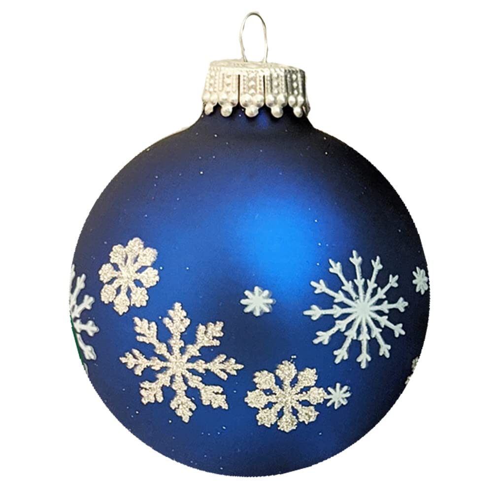 Glass Christmas Tree Ornaments - 67mm/2.63" [4 Pieces] Decorated Balls from Christmas by Krebs Seamless Hanging Holiday Decor (Blue w/ Silver Glitter and White Snowflakes)
