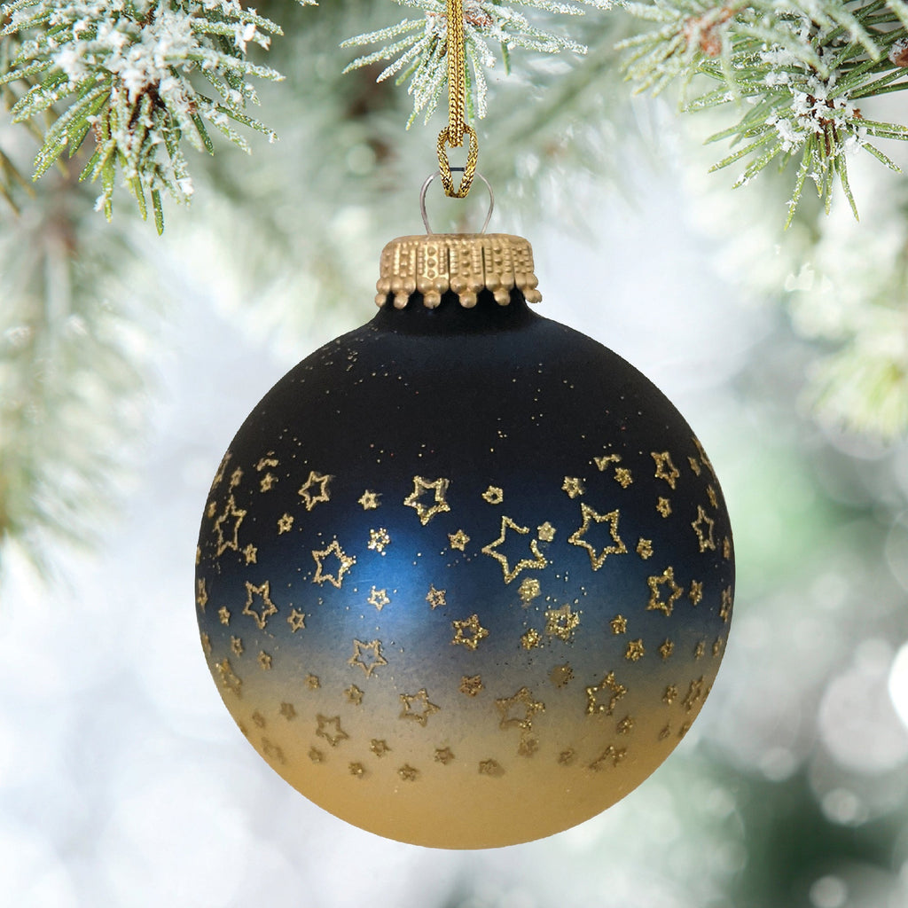 Glass Christmas Tree Ornaments - 67mm/2.63" [4 Pieces] Decorated Balls from Christmas by Krebs Seamless Hanging Holiday Decor (Midnight Haze Blue and Chiffon Gold With Stars)