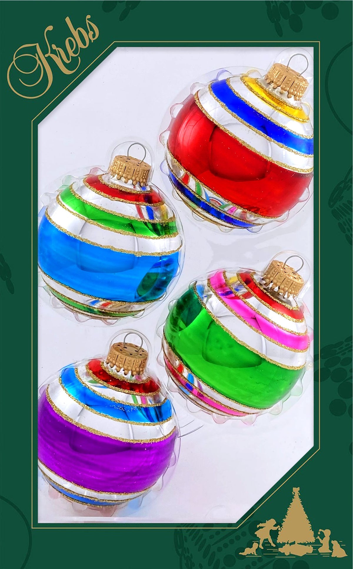 Glass Christmas Tree Ornaments - 67mm/2.625" [4 Pieces] Decorated Balls from Christmas by Krebs Seamless Hanging Holiday Decor (Multi Color Brights)