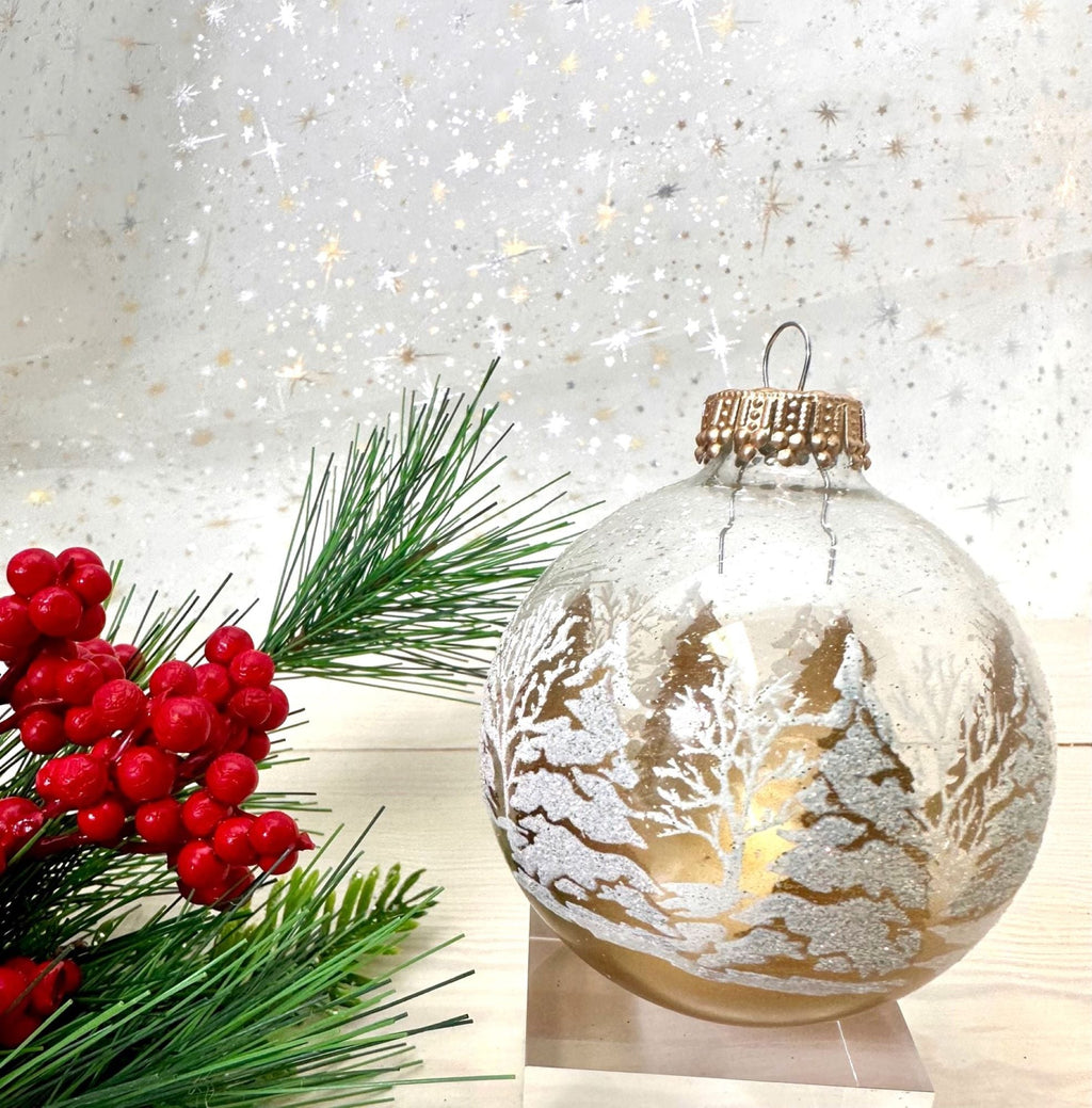 Glass Christmas Tree Ornaments - 67mm/2.63" [4 Pieces] Decorated Balls from Christmas by Krebs Seamless Hanging Holiday Decor (Clear with Gold & White Festive Trees)