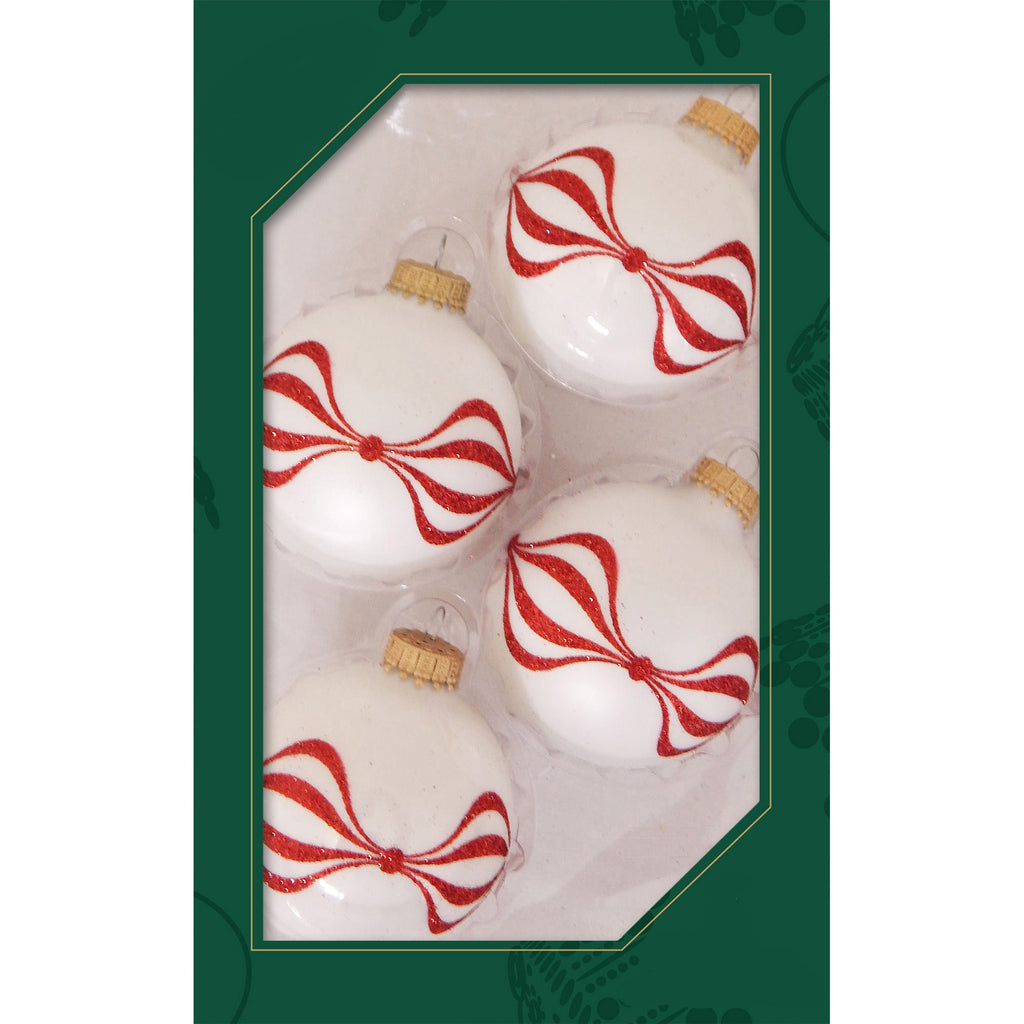 Glass Christmas Tree Ornaments - 67mm/2.63" [4 Pieces] Decorated Balls from Christmas by Krebs Seamless Hanging Holiday Decor (Snow Sparkle with Red Finial Ripples)