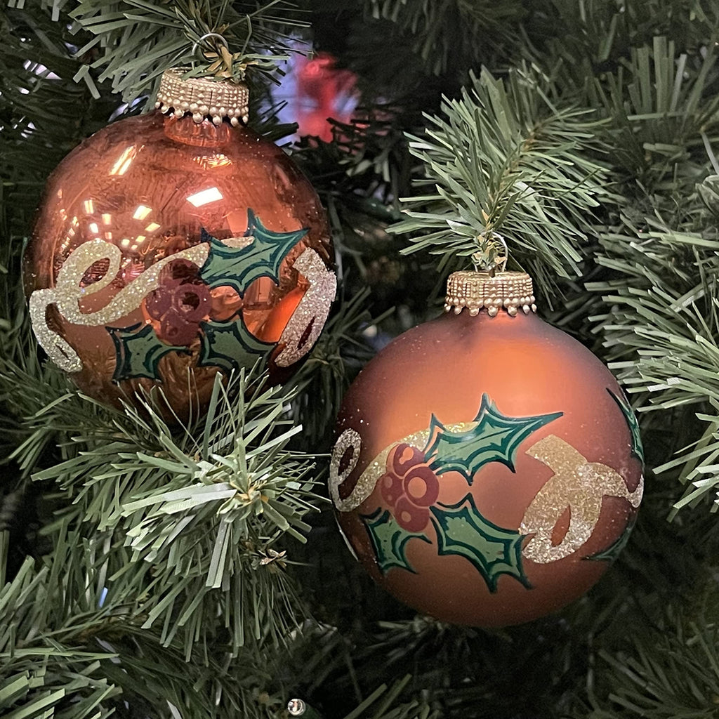 Glass Christmas Tree Ornaments - 67mm/2.625" [4 Pieces] Decorated Balls from Christmas by Krebs Seamless Hanging Holiday Decor (Copper Shine and Velvet with Holly & Ribbon)