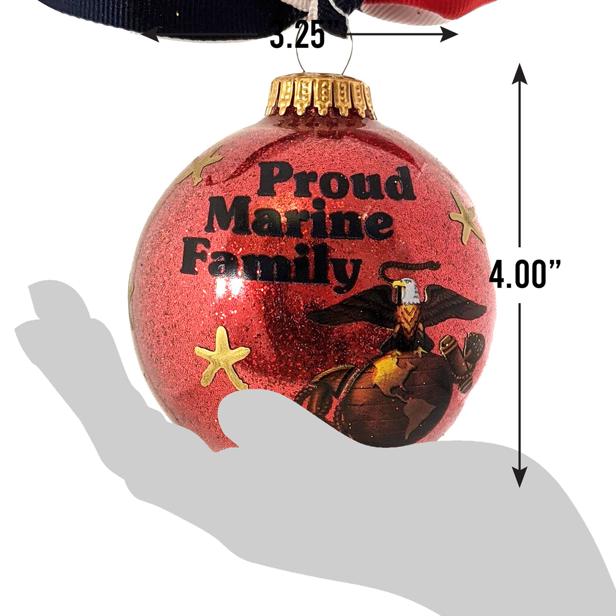 Christmas Tree Ornaments Made in the USA - 80mm / 3.25" Decorated Collectible Glass Balls from Christmas by Krebs - Handmade Hanging Holiday Decoration for Trees (Proud Marine Corps Family)