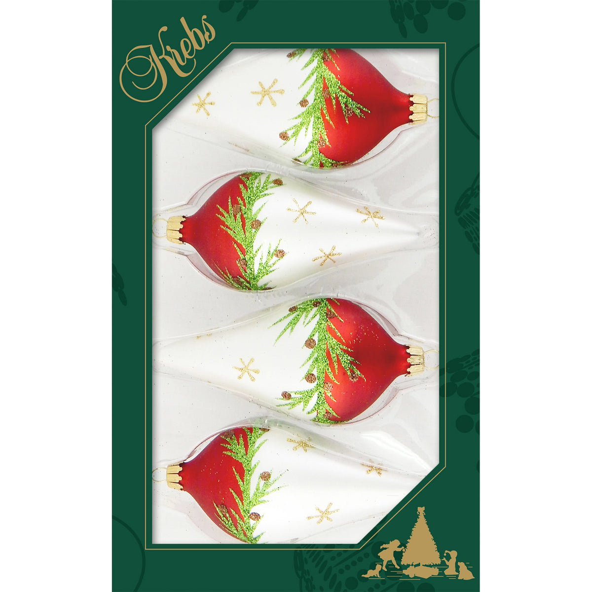 Glass Christmas Tree Ornaments - 67mm/2.63" [4 Pieces] Decorated Balls from Christmas by Krebs Seamless Hanging Holiday Decor (Red Velvet and Silver Pearl 4" Drops with Pine Branches)