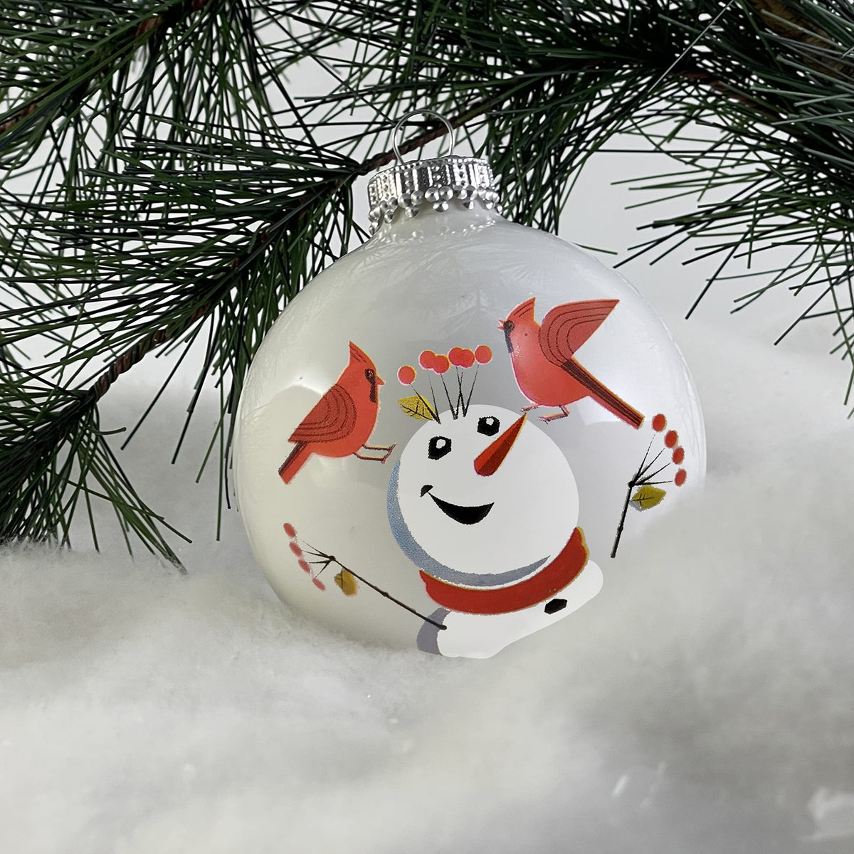 Glass Christmas Tree Ornaments - 67mm/2.625" [4 Pieces] Decorated Balls from Christmas by Krebs Seamless Hanging Holiday Decor (Porcelain White with Cardinals and Snowman)