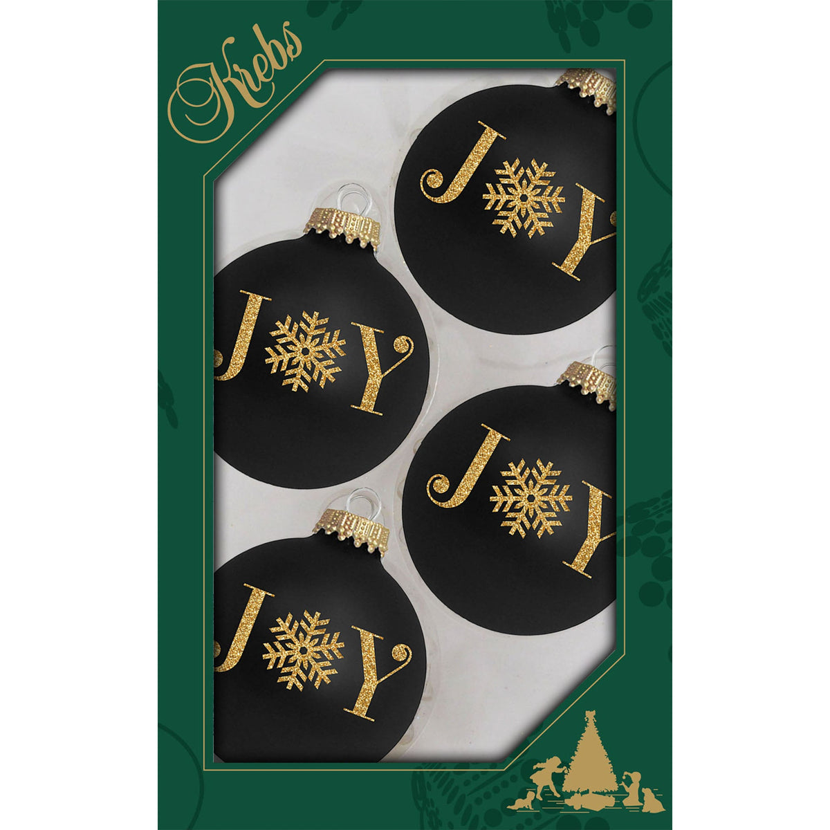 Glass Christmas Tree Ornaments - 67mm/2.63" [4 Pieces] Decorated Balls from Christmas by Krebs Seamless Hanging Holiday Decor (Ebony Velvet with Gold Glitter Joy)