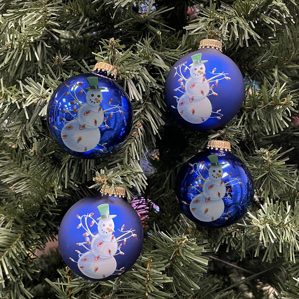 Glass Christmas Tree Ornaments - 67mm/2.63" [4 Pieces] Decorated Balls from Christmas by Krebs Seamless Hanging Holiday Decor (Victoria Blue and Royal Velvet With Snowman)