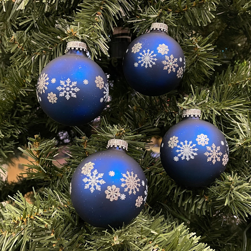 Glass Christmas Tree Ornaments - 67mm/2.63" [4 Pieces] Decorated Balls from Christmas by Krebs Seamless Hanging Holiday Decor (Blue w/ Silver Glitter and White Snowflakes)