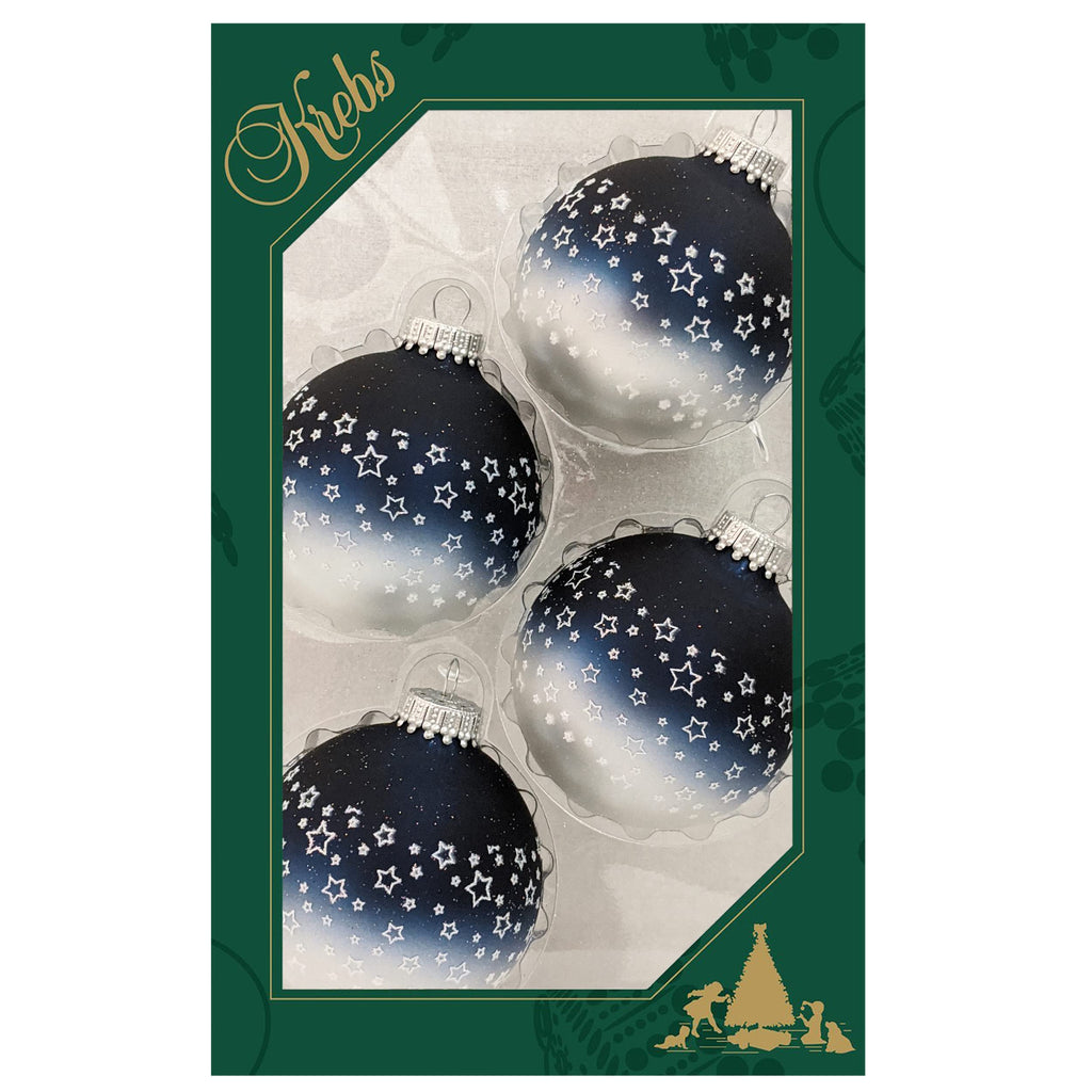 Glass Christmas Tree Ornaments - 67mm/2.63" [4 Pieces] Decorated Balls from Christmas by Krebs Seamless Hanging Holiday Decor (Blue & Silver w/ White Glitter Star Band)