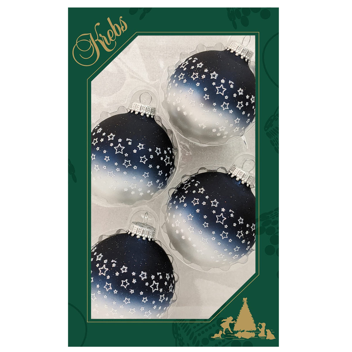 Glass Christmas Tree Ornaments - 67mm/2.63" [4 Pieces] Decorated Balls from Christmas by Krebs Seamless Hanging Holiday Decor (Blue & Silver w/ White Glitter Star Band)