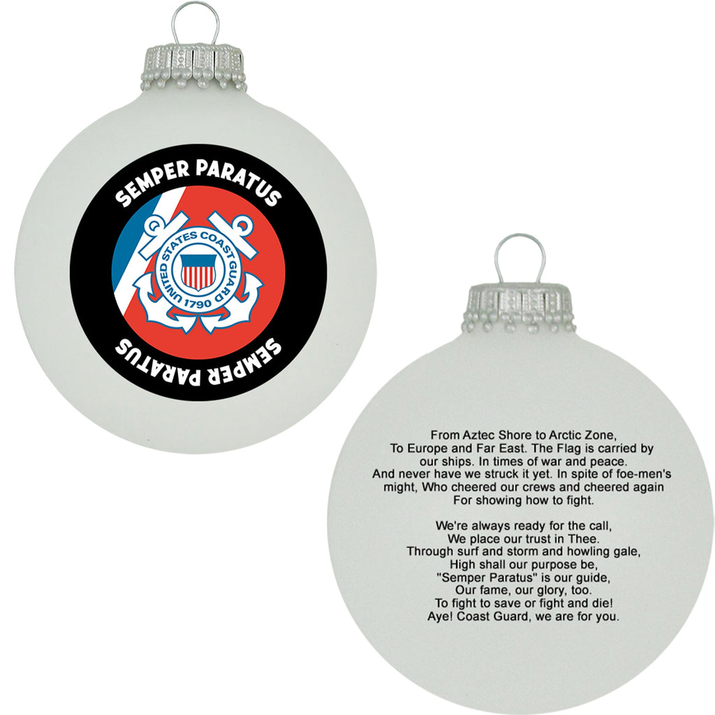 Christmas Tree Ornaments Made in the USA - 80mm / 3.25" Decorated Collectible Glass Balls from Christmas by Krebs - Handmade Hanging Holiday Decoration for Trees (USCG Logo & Hymn)