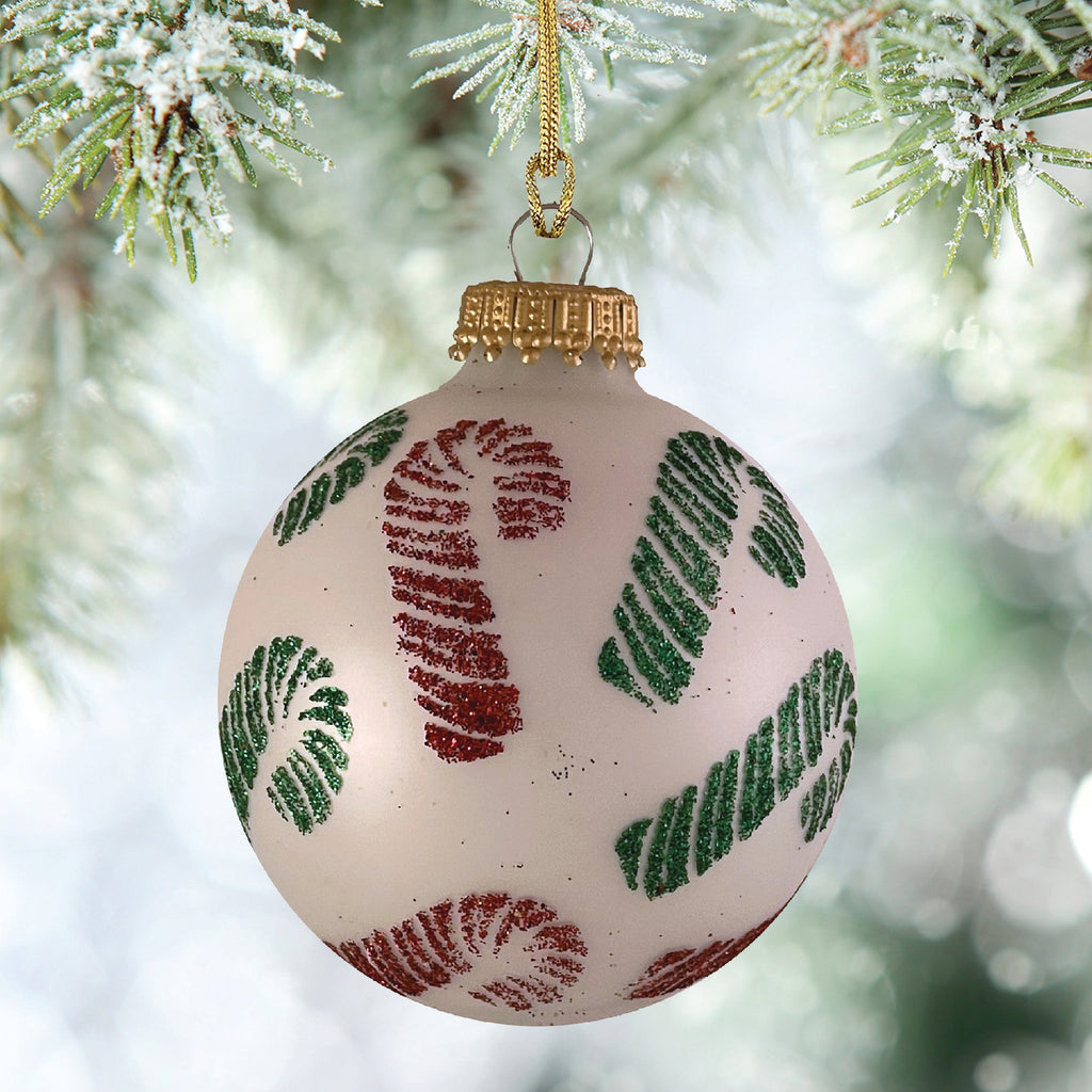 Glass Christmas Tree Ornaments - 67mm/2.63" [4 Pieces] Decorated Balls from Christmas by Krebs Seamless Hanging Holiday Decor (Classic White Velvet with Candy Canes)