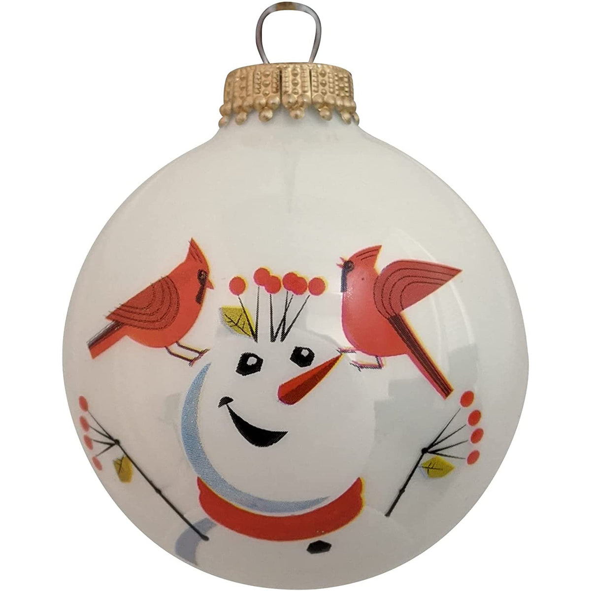 Glass Christmas Tree Ornaments - 67mm/2.625" [4 Pieces] Decorated Balls from Christmas by Krebs Seamless Hanging Holiday Decor (Porcelain White with Cardinals and Snowman)