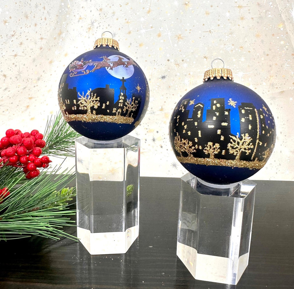 Glass Christmas Tree Ornaments - 67mm/2.63" [4 Pieces] Decorated Balls from Christmas by Krebs Seamless Hanging Holiday Decor (Velvet Blue with Night Before Christmas)