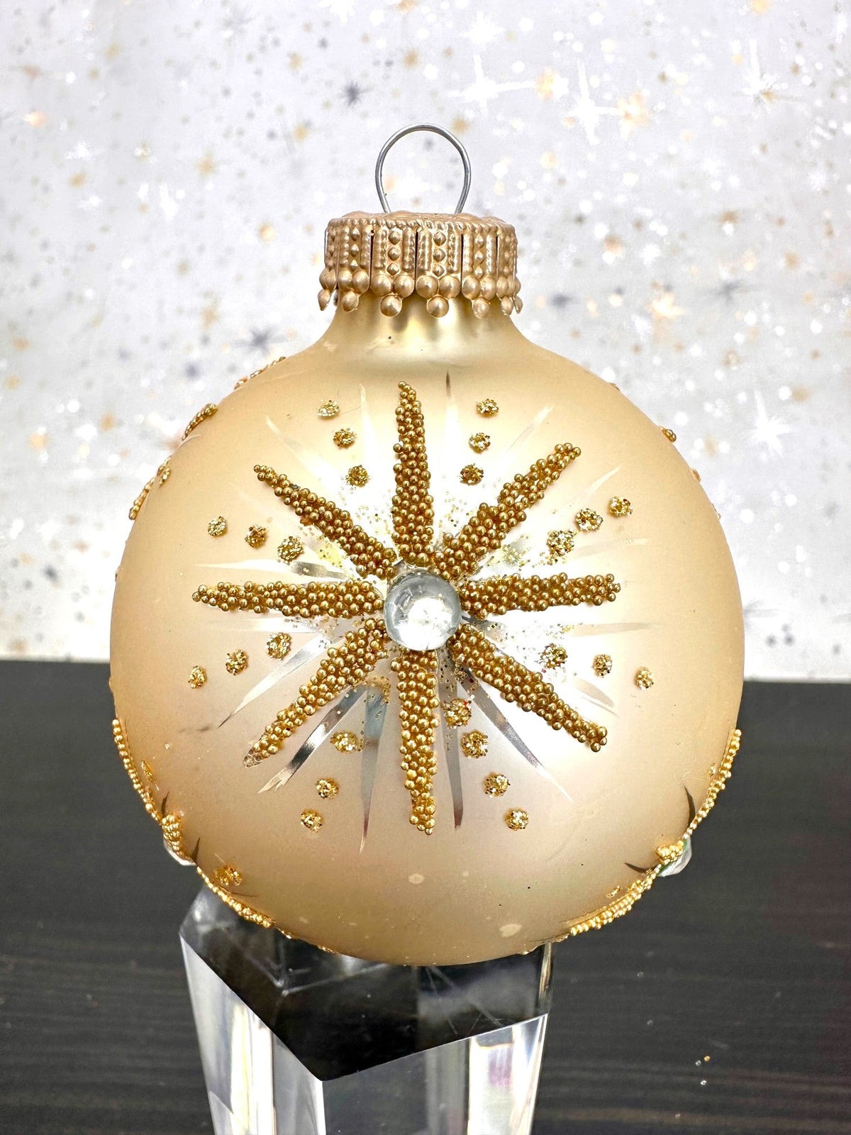 Glass Christmas Tree Ornaments - 67mm/2.625" [4 Pieces] Decorated Balls from Christmas by Krebs Seamless Hanging Holiday Decor (Oyster Velvet with Elegant Starbursts)