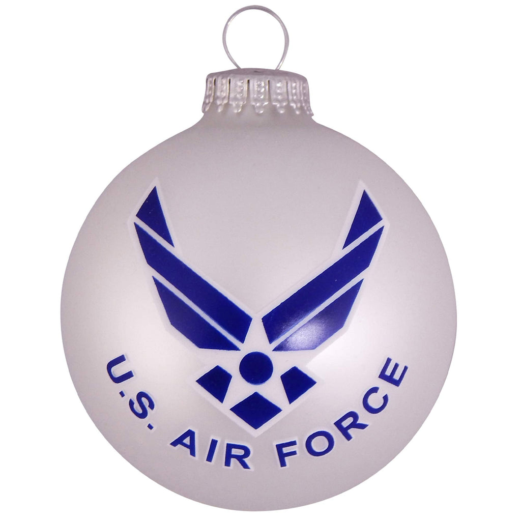 Christmas Tree Ornaments Made in the USA - 80mm / 3.25" Decorated Collectible Glass Balls from Christmas by Krebs - Handmade Hanging Holiday Decoration for Trees (USAF Logo & Hymn, Silver Pearl)