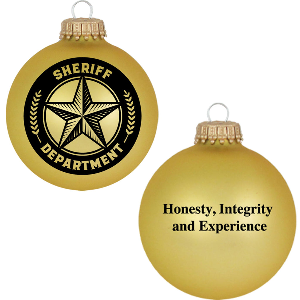 Christmas Tree Ornaments - 80mm / 3.25" Decorated Collectible Glass Balls from Christmas by Krebs - Handmade Hanging Holiday Decorations for Trees (Sherriff Logo on Gold Velvet)
