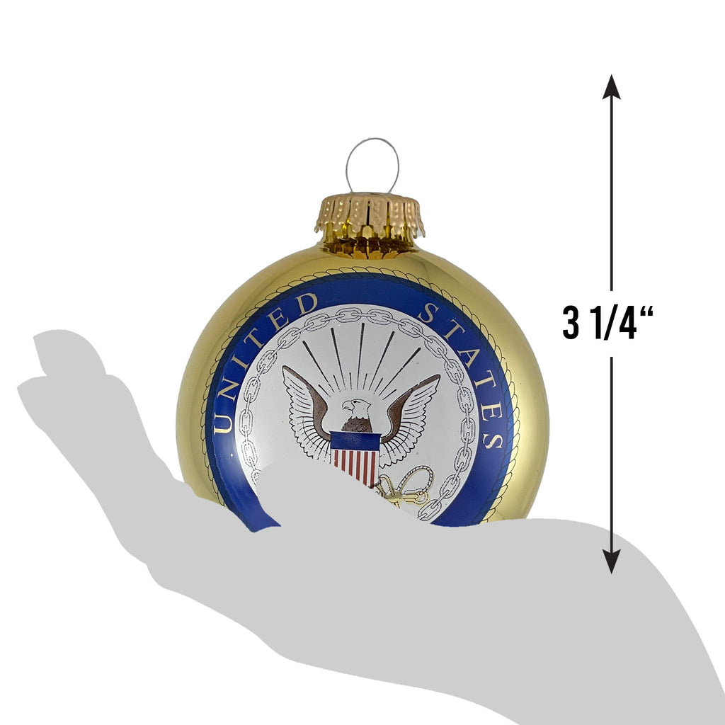 Christmas Tree Ornaments Made in the USA - 80mm / 3.25" Decorated Collectible Glass Balls from Christmas by Krebs - Handmade Hanging Holiday Decoration for Trees (USN Logo & Hymn)