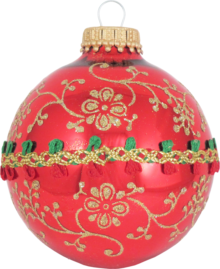 Glass Christmas Tree Ornaments - 67mm/2.63" [4 Pieces] Decorated Balls from Christmas by Krebs Seamless Hanging Holiday Decor (Red & Velvet w/ Glitterlace and Braid)