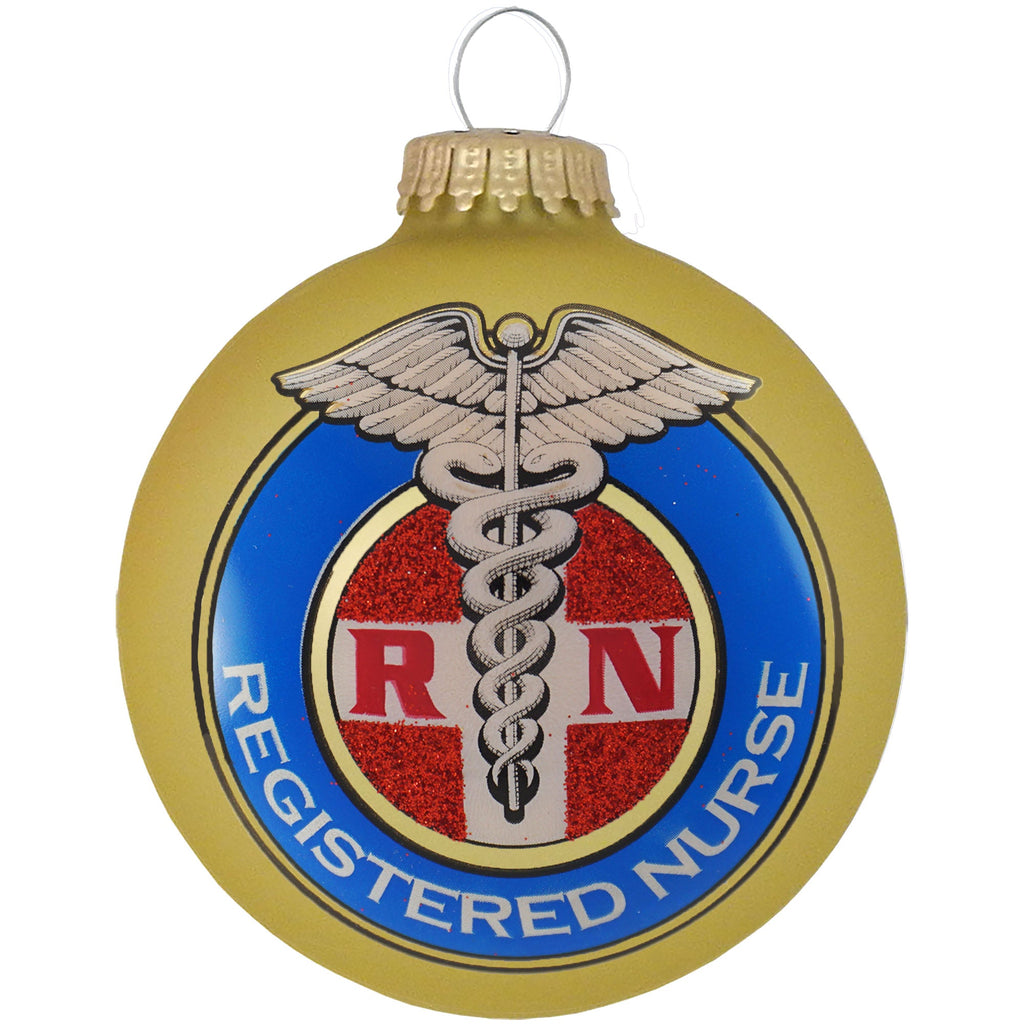 Christmas Tree Ornaments - 80mm / 3.25" Decorated Collectible Glass Balls from Christmas by Krebs - Handmade Hanging Holiday Decorations for Trees (Gold Velvet with Nurse Icon)