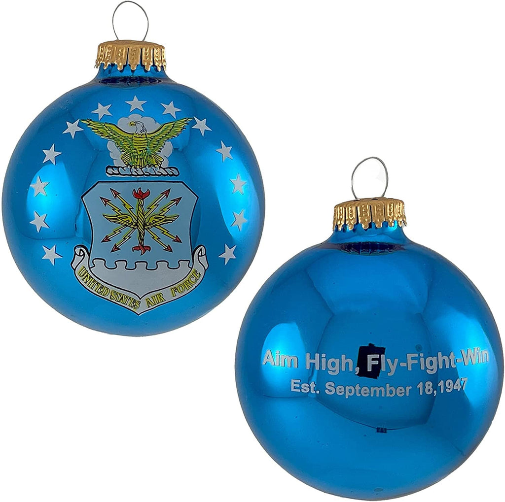 Christmas Tree Ornaments Made in the USA - 80mm / 3.25" Decorated Collectible Glass Balls from Christmas by Krebs - Handmade Hanging Holiday Decoration for Trees (USAF with Est Date, Flag)