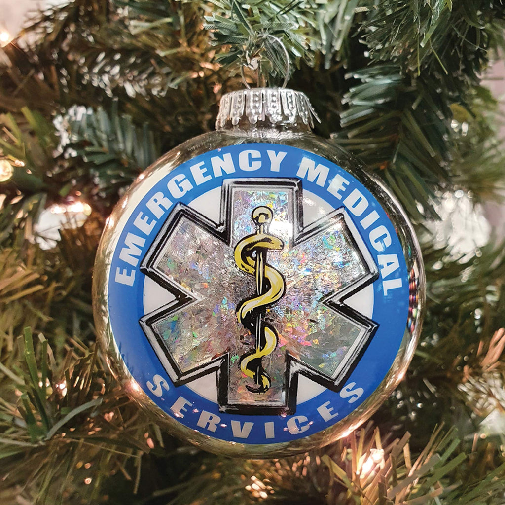 Christmas Tree Ornaments - 80mm / 3.25" Decorated Collectible Glass Balls from Christmas by Krebs - Handmade Hanging Holiday Decorations for Trees (Bright Silver with Emergency Medical Services-EMS Logo)